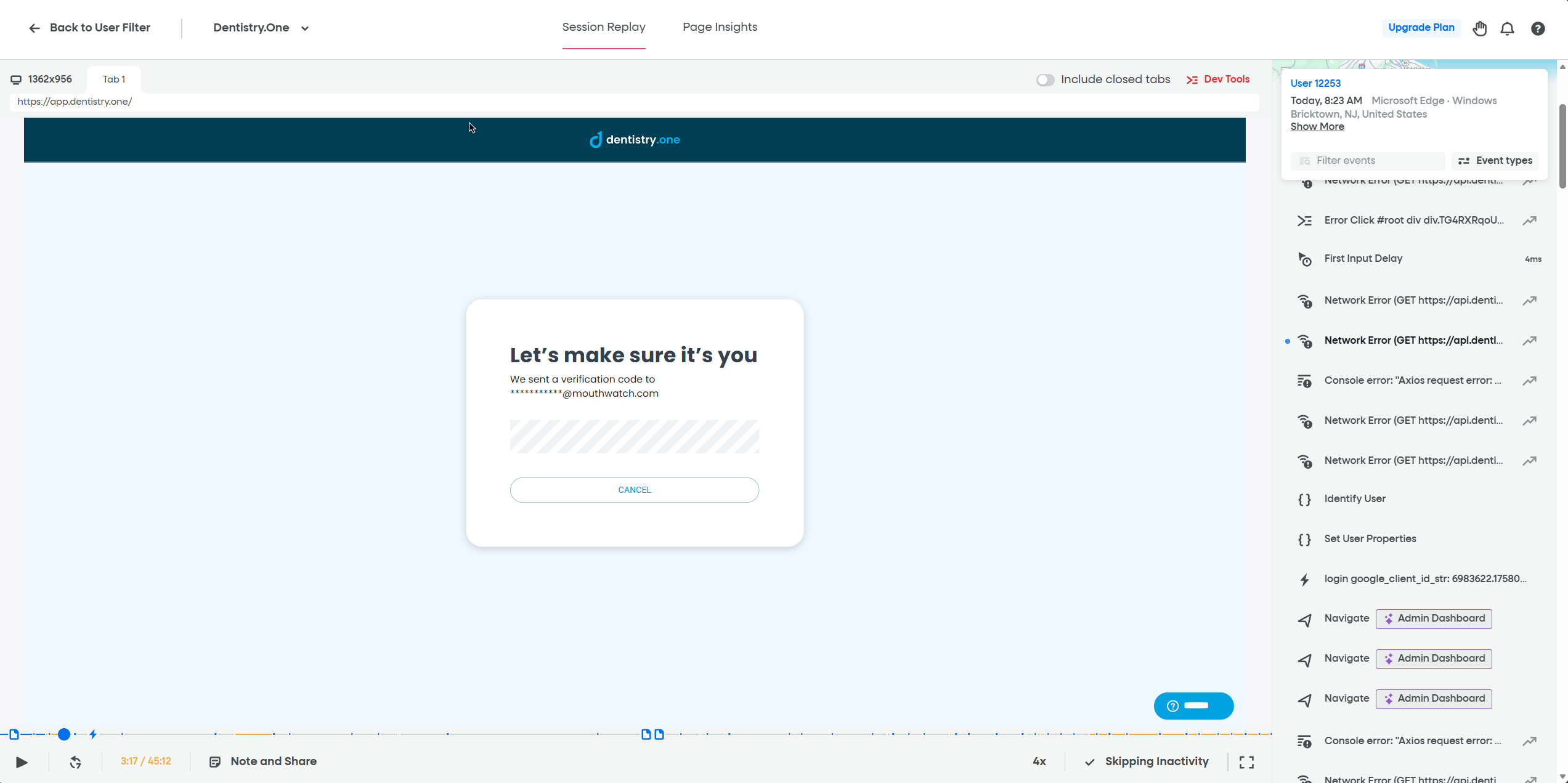 FullStory session replay showing recorded user activity