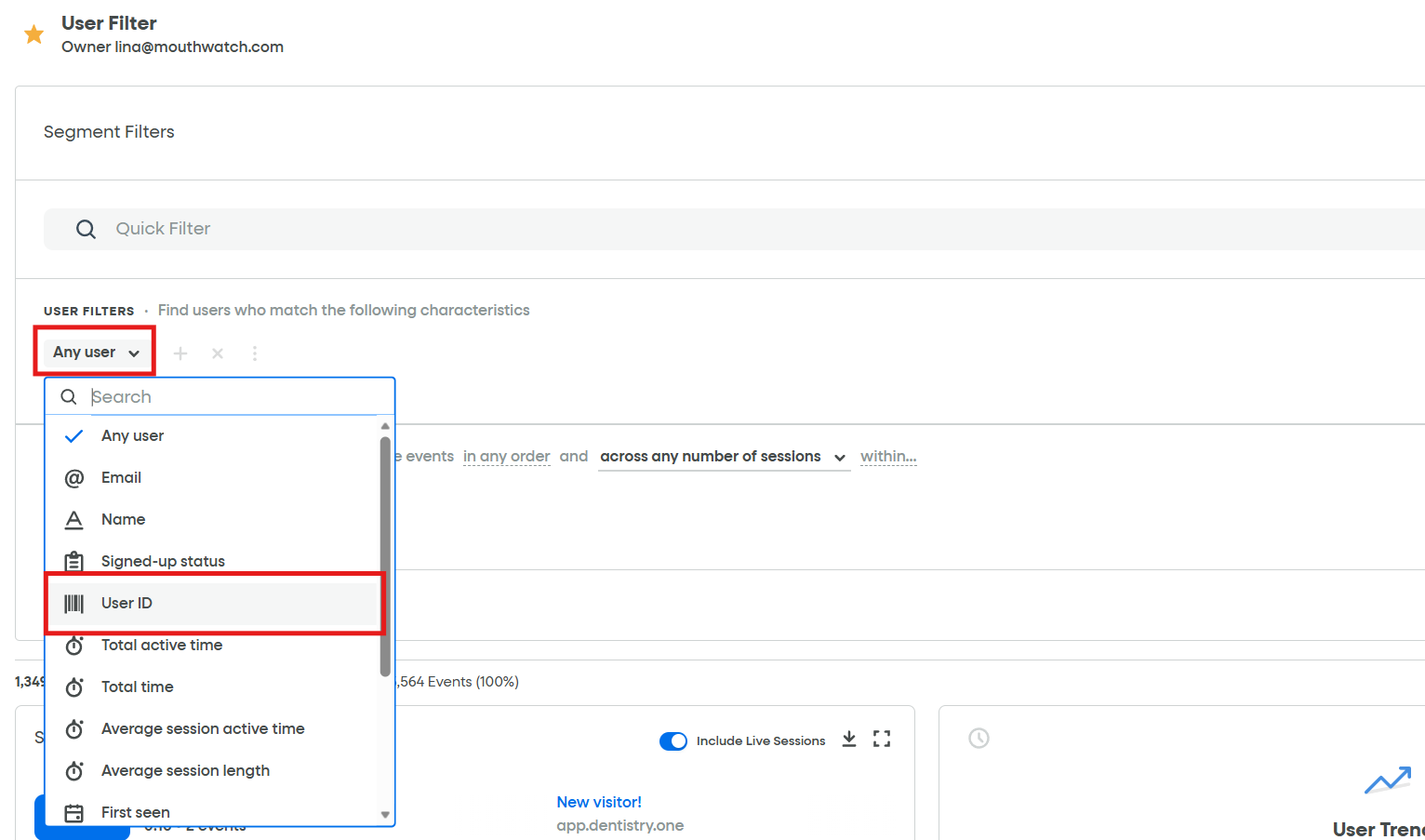 FullStory user filter dropdown set to User ID