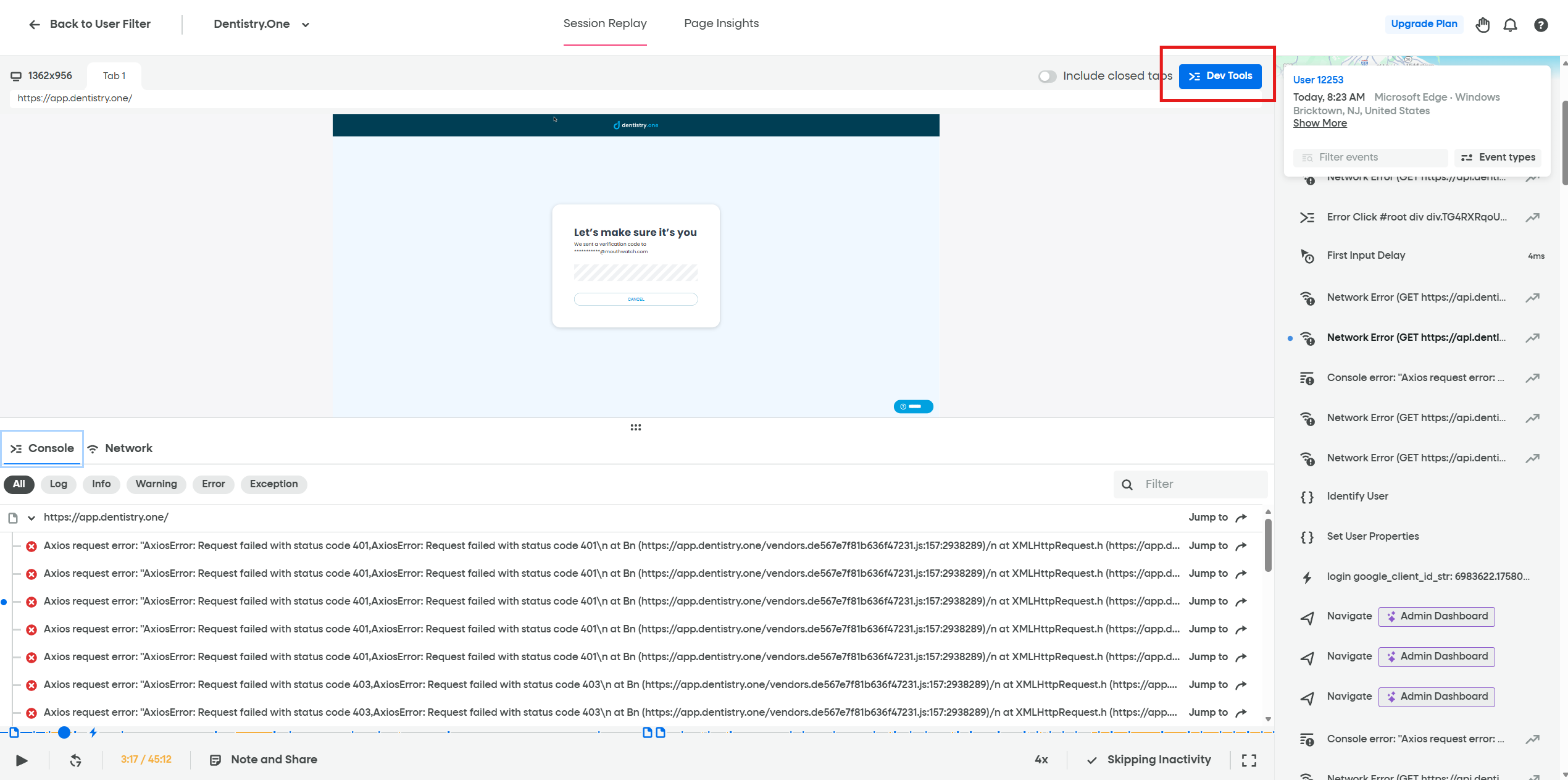 FullStory Dev Tools panel showing console and network activity