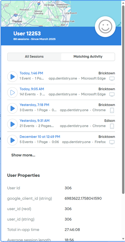 FullStory session list showing multiple sessions with timestamps